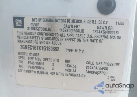 2001 Chevrolet Suburban 1500 Lt из США, поврежденный, VIN 3GNEC16TX1G180662